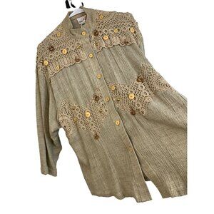 Rare Womens Lim's VTG 3 Piece Crochet Linen Pant Suit GrannyCore M/L USA 7158